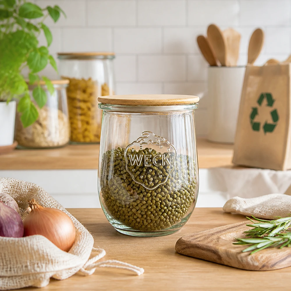 1062 ml tulipankrukke WECK RR100 med trælåg WECK Tulpenglas 1062ml RR100 mit Holzdeckel als stilvolles Vorratsglas für Hülsenfrüchte in moderner Küche