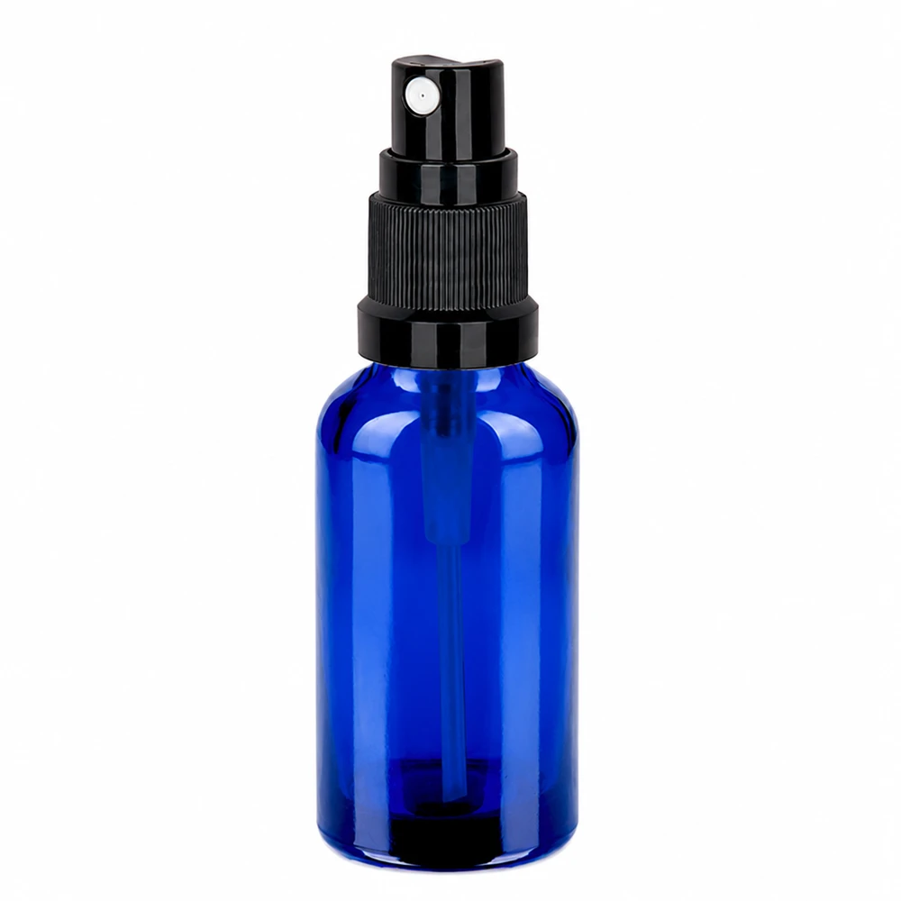 Blå glasflaske 30 ml med sort sprayhoved til parfume og aromaterapi
