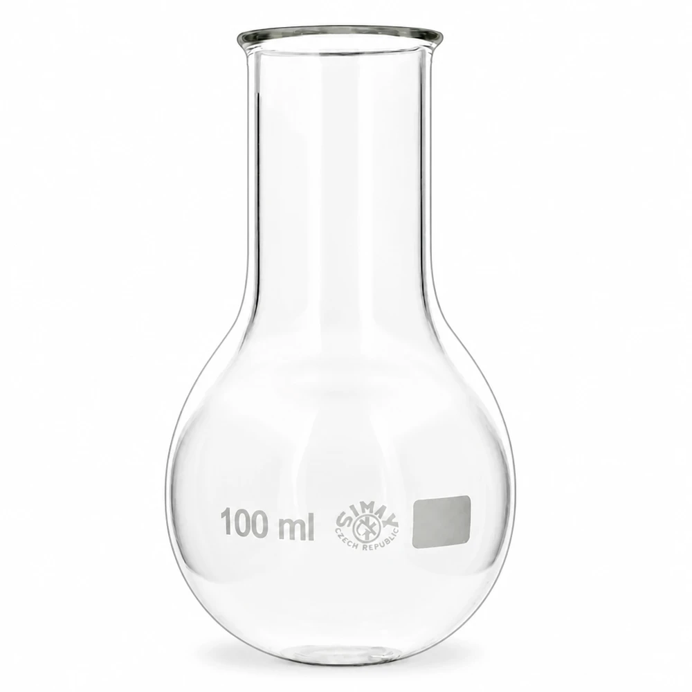 Kolbe med rund bund 100 ml bred hals Bredhalset kolbe med rund bund 100 ml med bred åbning for nem påfyldning og rengøring i laboratoriet