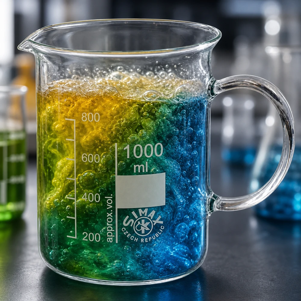 Bæger 1000 ml borosilikatglas, med håndtag 1000 ml bægerglas med hank og farvet reagensblanding i blå, grøn og gul i laboratoriet
