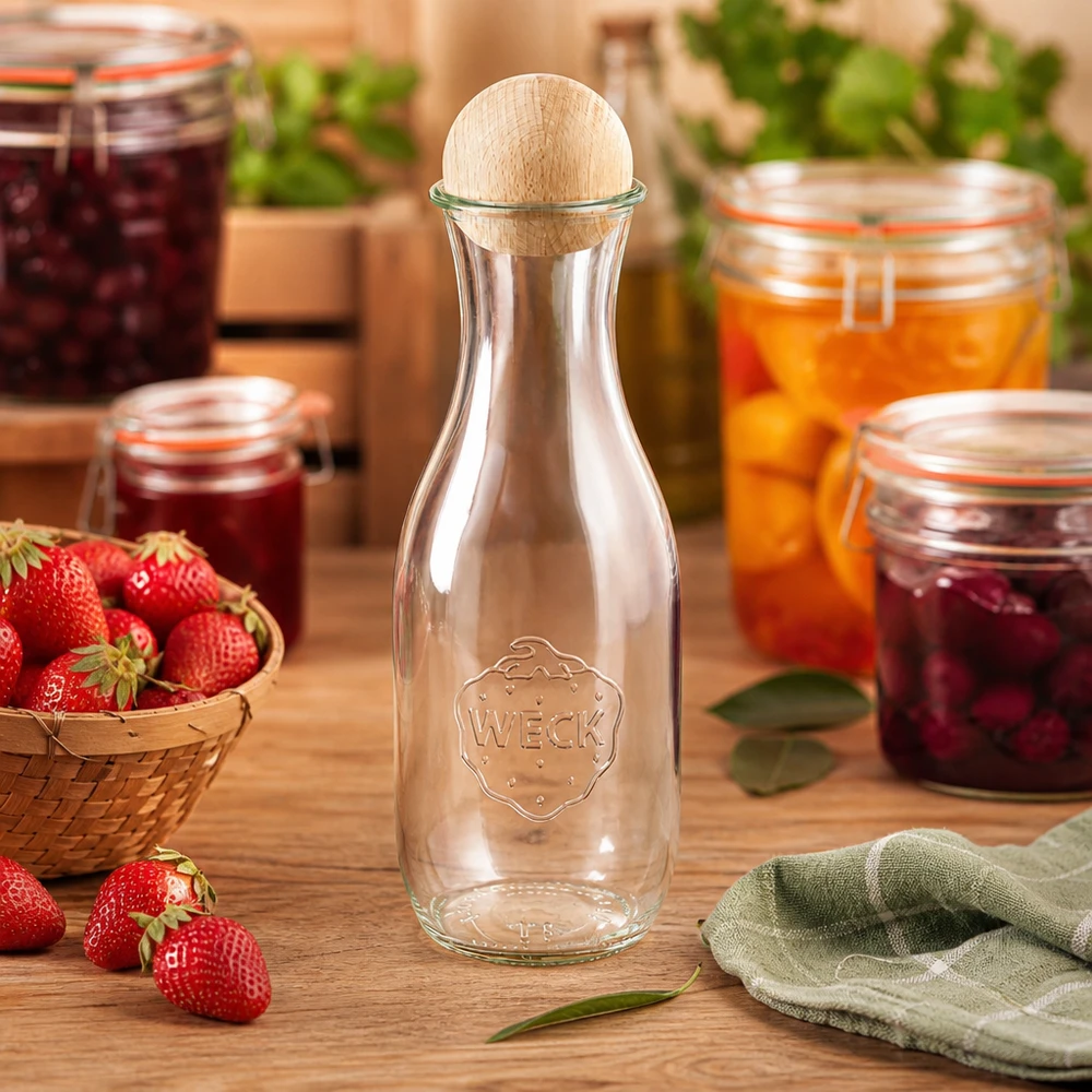 1062 ml juiceflaske WECK RR60 med trækugle bøg WECK glasflaske 1062 ml i køkken med syltetøjsglas, jordbær og kuglehætte af bøgetræ