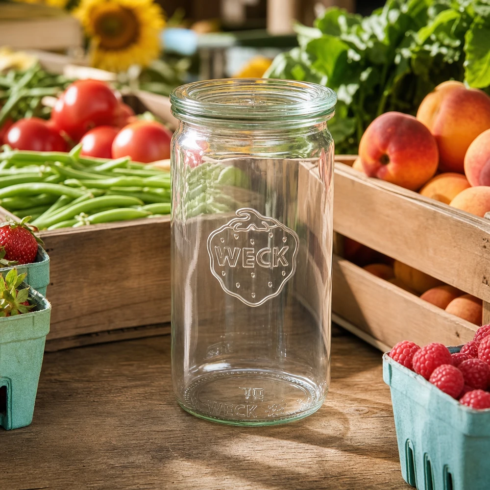 340 ml cylinderglas med glaslåg WECK RR60 WECK 340 ml cylinderglas RR60 transparent på træbord omgivet af frisk frugt, grøntsager og bær markedsbodstemning