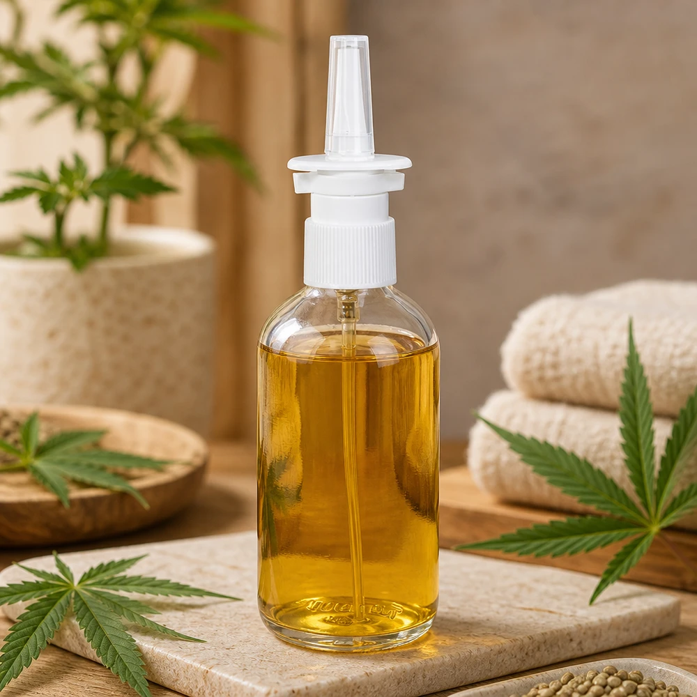 100 ml næsesprayflaske m./tr. STD ClearLine UT18/100 100 ml ClearLine-næsesprayflaske fyldt med guldfarvet CBD-olie og hvid næseindsats