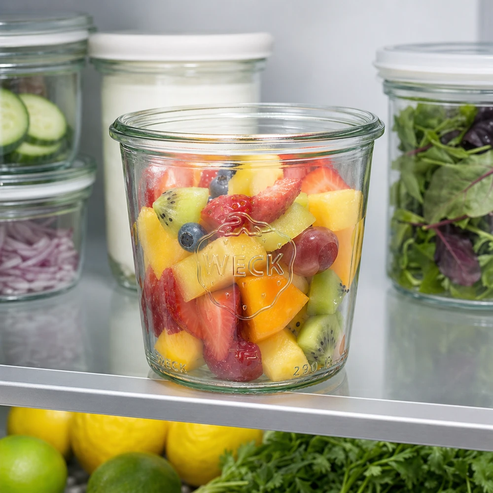 290 ml højt glas med skrå kant, WECK RR80 290 ml WECK høje RR80-glas fyldt med farverig frugtsalat i køleskabet ved siden af andre syltetøjsglas