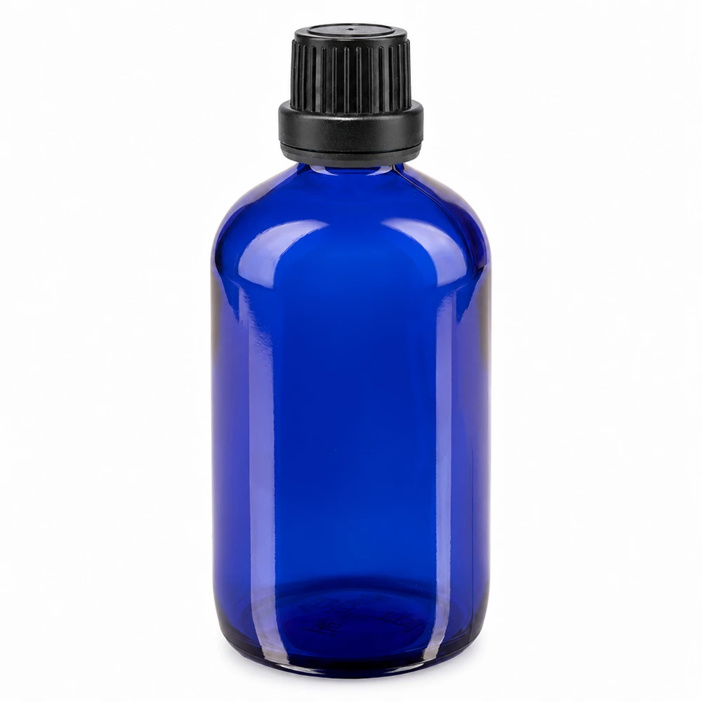 Apoteksflaske blå 100 ml skruelåg sort tæt OV 100 ml blå apotekerflaske af glas med sort skruelåg, 11 mm