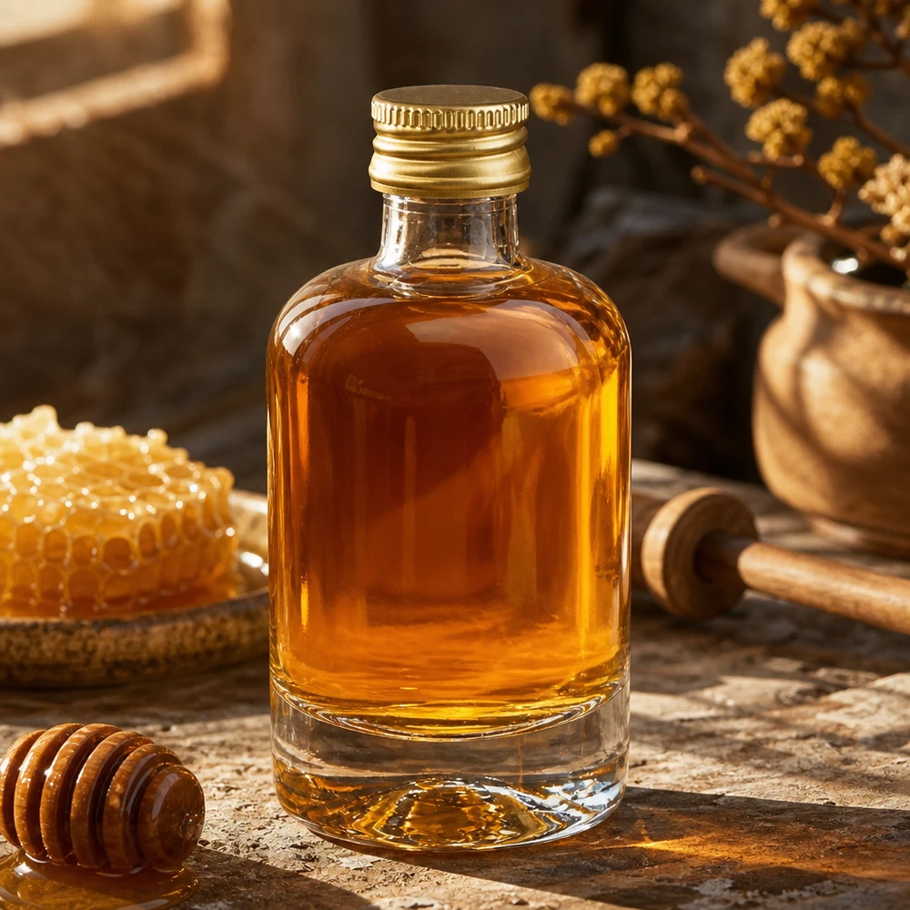 40 ml glasflaske »Sara« med skruelåg i guld UNiTWIST® 40 ml glasflaske Sara fyldt med honning - gyldent UNiTWIST-låg ved siden af honningkage og honningske