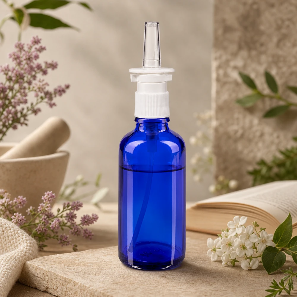Blå 50 ml næsesprayflaske af apoteksglas med ergonomisk hvid pumpedispenser