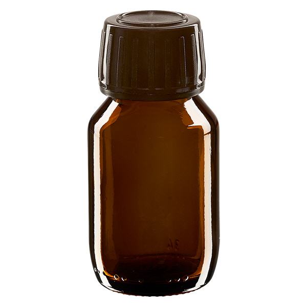 50 ml medicinflaske brun, hætte brun med manipulationssikker ring ApoGlas. Farmaceutisk kvalitet fra EU-produktion. 28 mm (PP28) gevind. (sirup, lys glasflaske) 50 ml medicinflaske brun, hætte brun med manipulationssikker ring ApoGlas. Farmaceutisk kvalitet fra EU-produktion. 28 mm (PP28) gevind. (sirup, lys glasflaske)