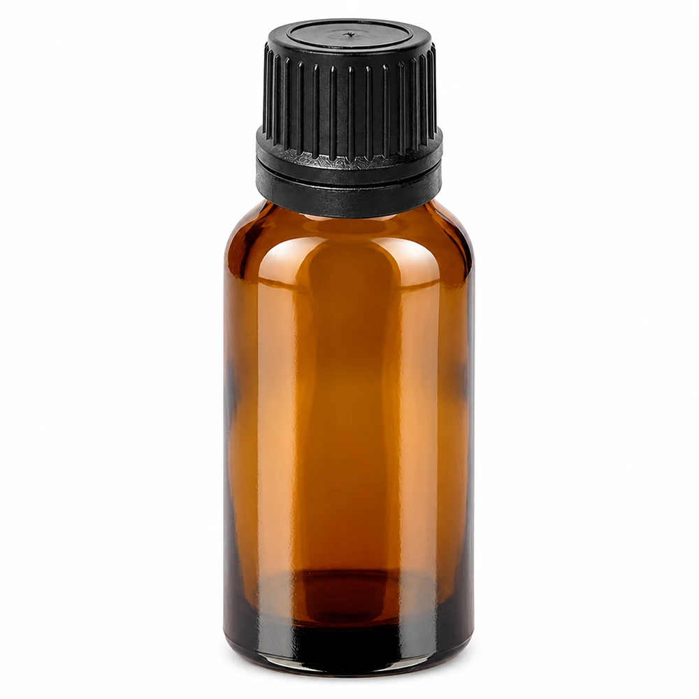 20 ml dråbeflaske 1 mm sort OV BrownLine UT18/20 20 ml dråbeflaske i ravfarvet glas med sort hætte til æteriske olier og kosmetik