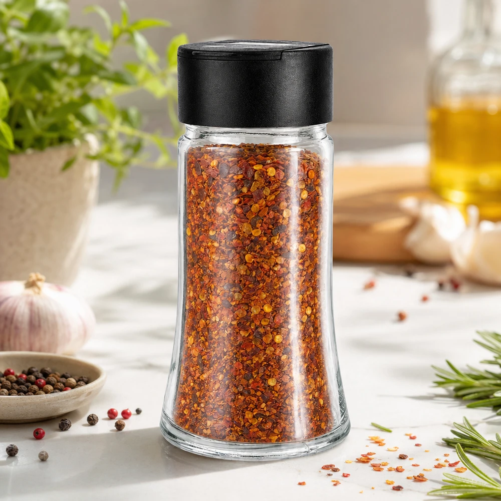 Salt-/krydderikrukke 95 ml med dobbelt strøer, sort Chiliflager i et 95 ml krydderiglas af klart glas med sort drysselåg på en marmorunderlag