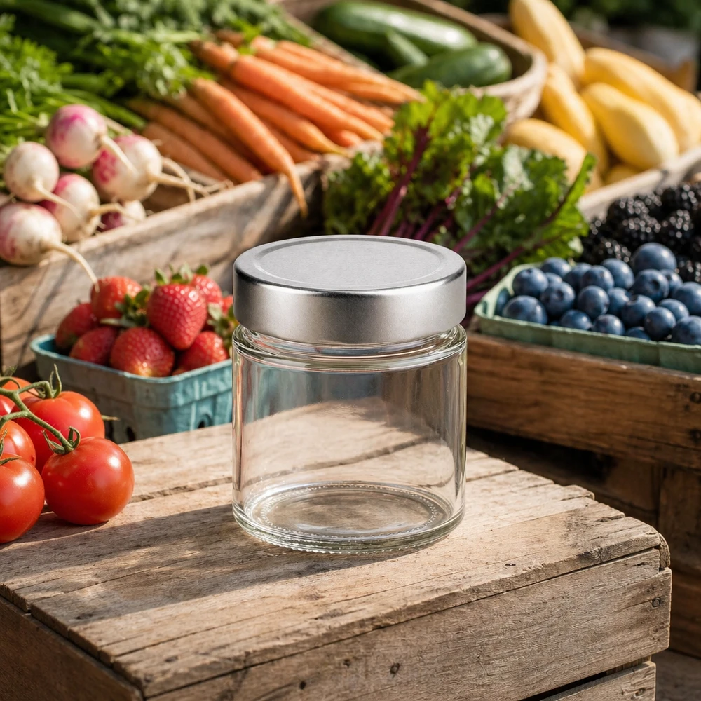 135 ml rund krukke + BasicSeal-låg sølvfarvet dyb UNiTWIST 135ml Rundglas mit silbernem Deckel auf Holzbrett umgeben von frischem Gemüse Obst Marktstand-Atmosphäre natürliche Aufb