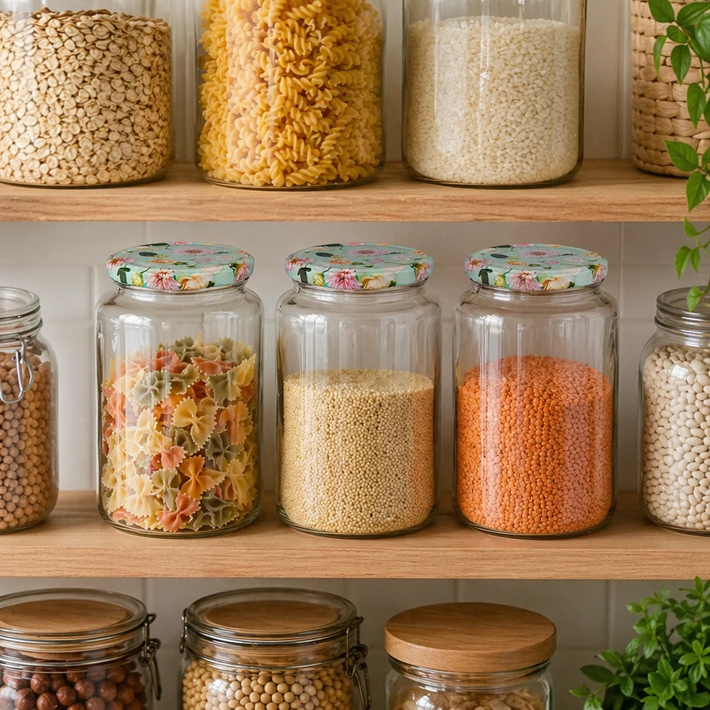795 ml rund glas + BasicSeal låg Blume mint UNiTWIST Pantry organiser med 795 ml runde krukker med mintblomsterlåg, fyldt med pasta, linser og kornprodukter i spisekammeret