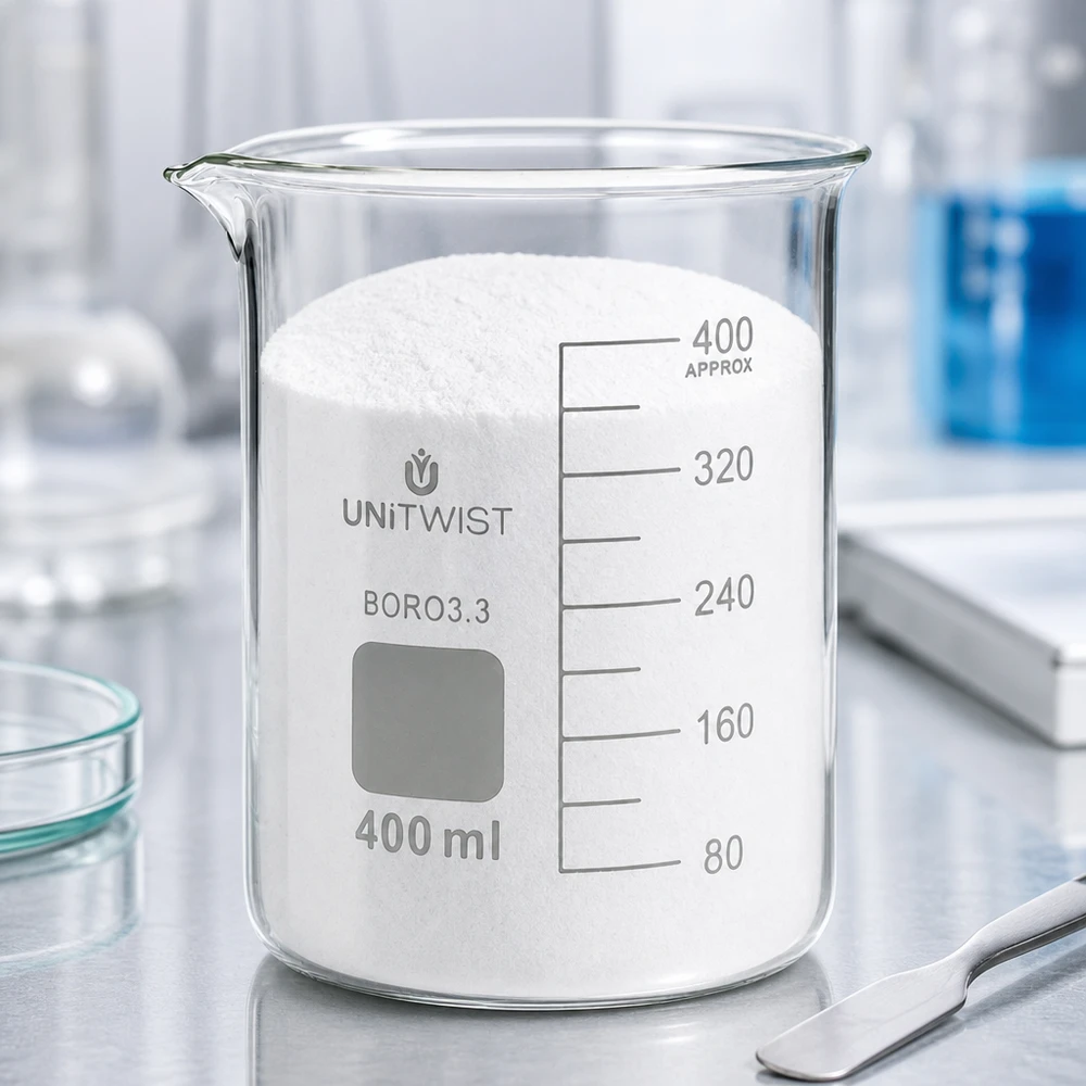 Bæger 400 ml borosilikat, lav form UNiTWIST UNiTWIST-bægerglas, 400 ml, lavt, fyldt med hvidt pulver på et laboratoriebord