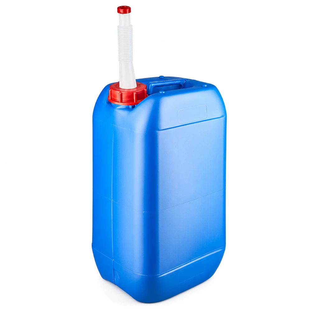 Blå 15-liters plastdunk med fleksibelt udløbsrør og rød skruelåg