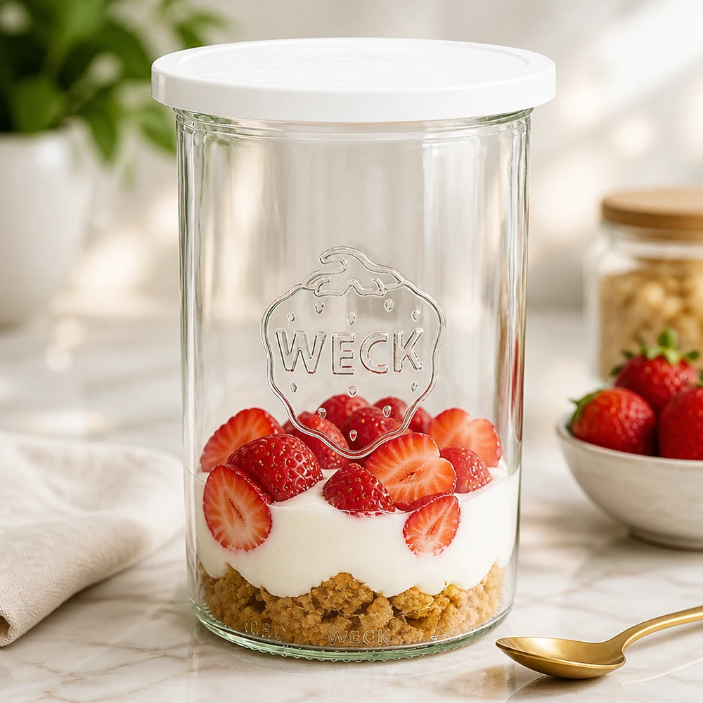 1000 ml Briller med friskhedslåg WECK RR100 WECK 1000 ml murerbalje som dessertbalje fyldt med jordbær og fløde viser den alsidige brug af RR100-begravningskrukken