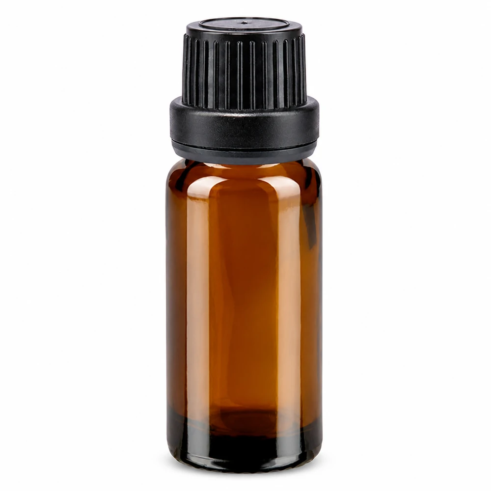 10 ml brun apotekerflaske af glas med sort originalitetslukning og 2 mm dråbeindsats