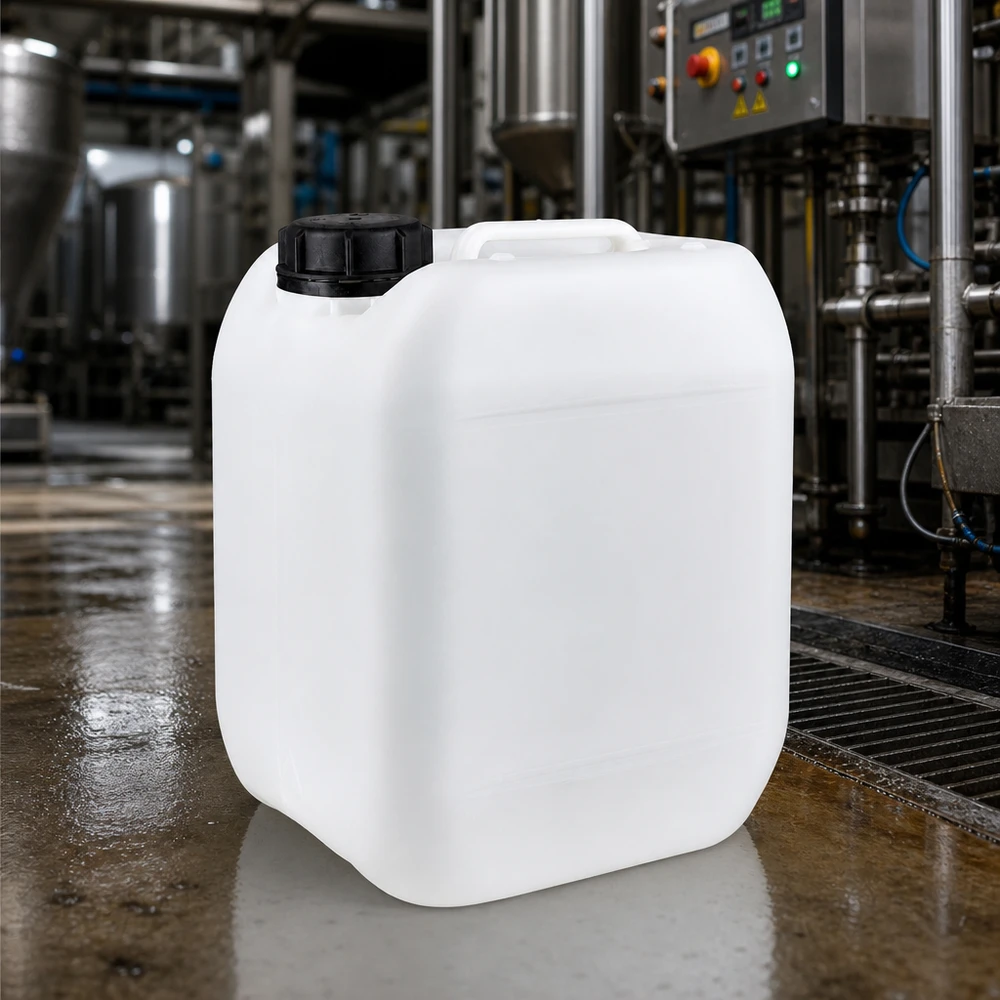 Beholder 5 liter med skruelåg OV Tom, gennemsigtig 5-liters industrikanister med sort låg i produktionshallen
