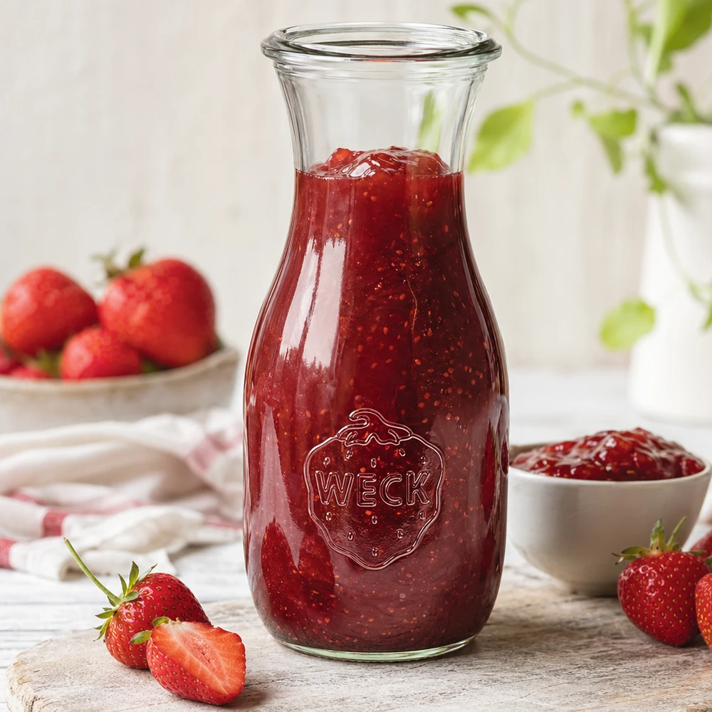 530 ml saftflaske WECK RR60 530 ml WECK juiceflaske RR60 fyldt med jordbærmarmelade ved siden af skiveskårne jordbær og hvid skål