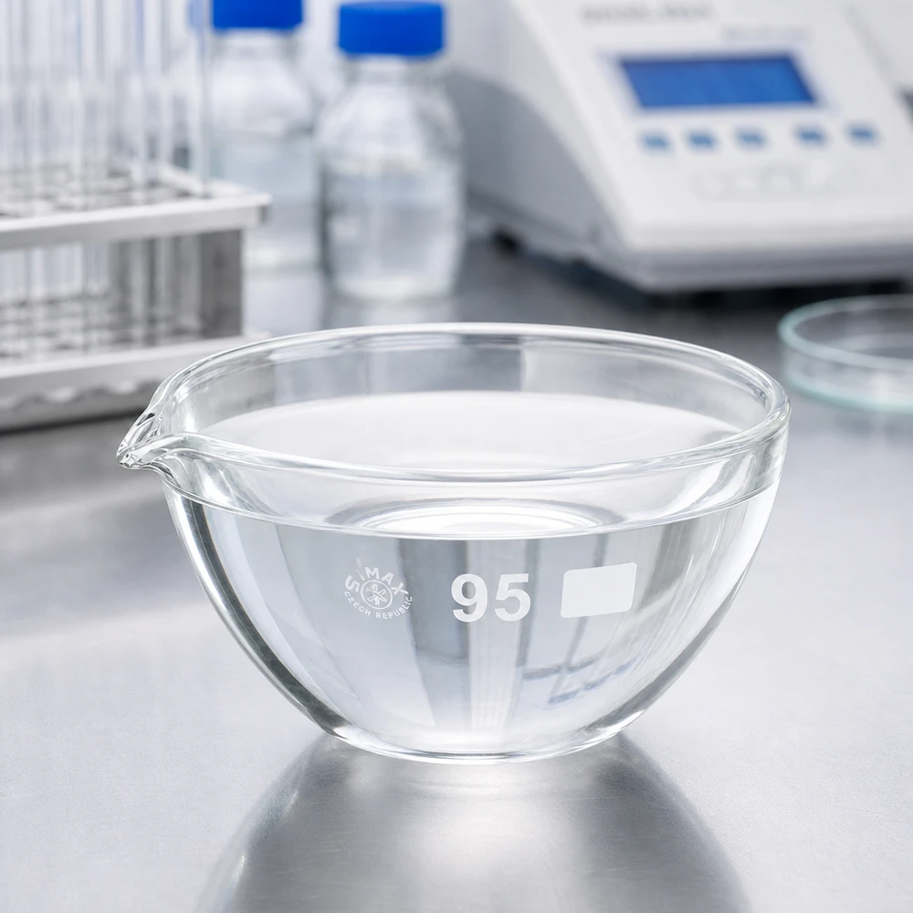 Fordampningsbakke 170 ml med borosilikat-tud Transparent fordampningsskål i laboratorieglas 170 ml med tud til optimal visuel kontrol under fordampning