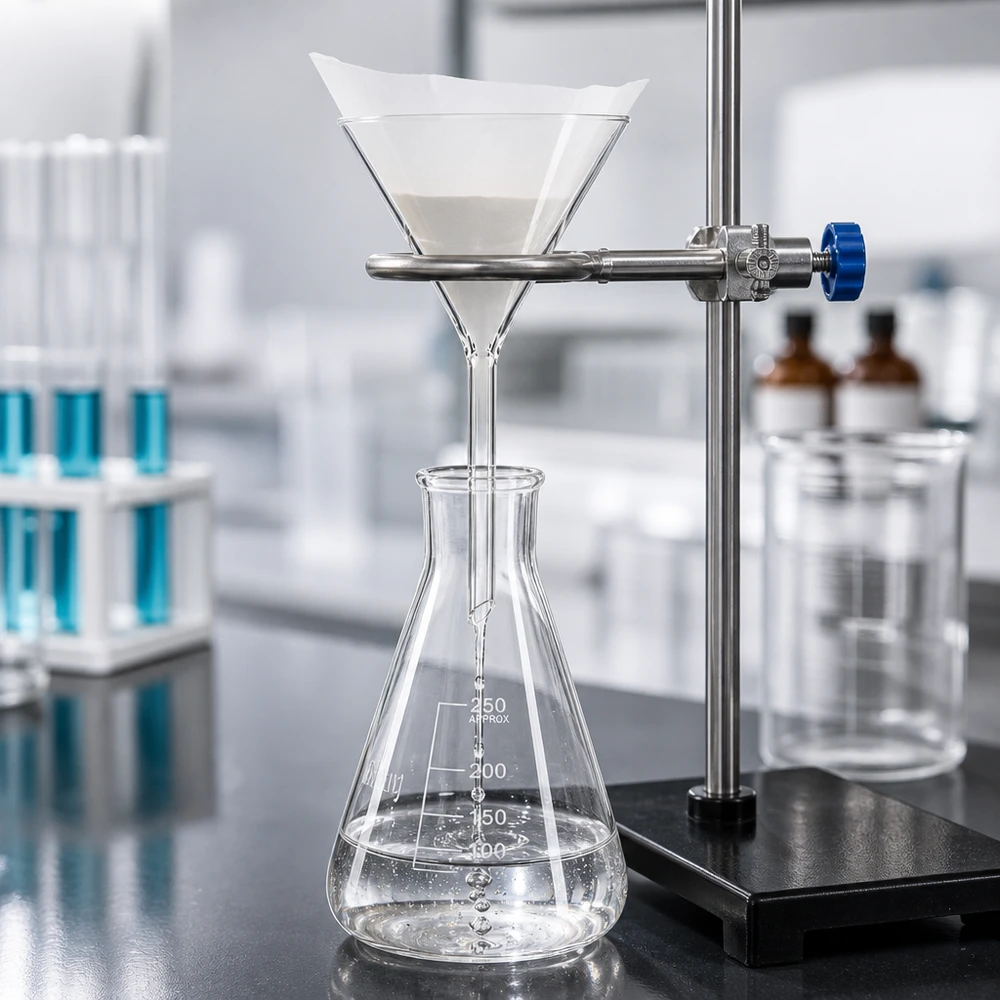 Tragt Ø 80 mm sodakalk, vinkel 60°, kort model Præcisionstragt, 80 mm, af robust sodakalkglas til kemiske eksperimenter og analyser