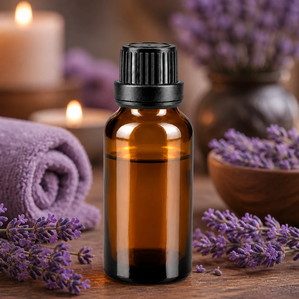 Apoteksflaske brun 20ml dryp v. Pr. 2mm sort OV Brun 20 ml dråbeflaske af apotekerglas med sort skruelåg blandt lavendelblomster
