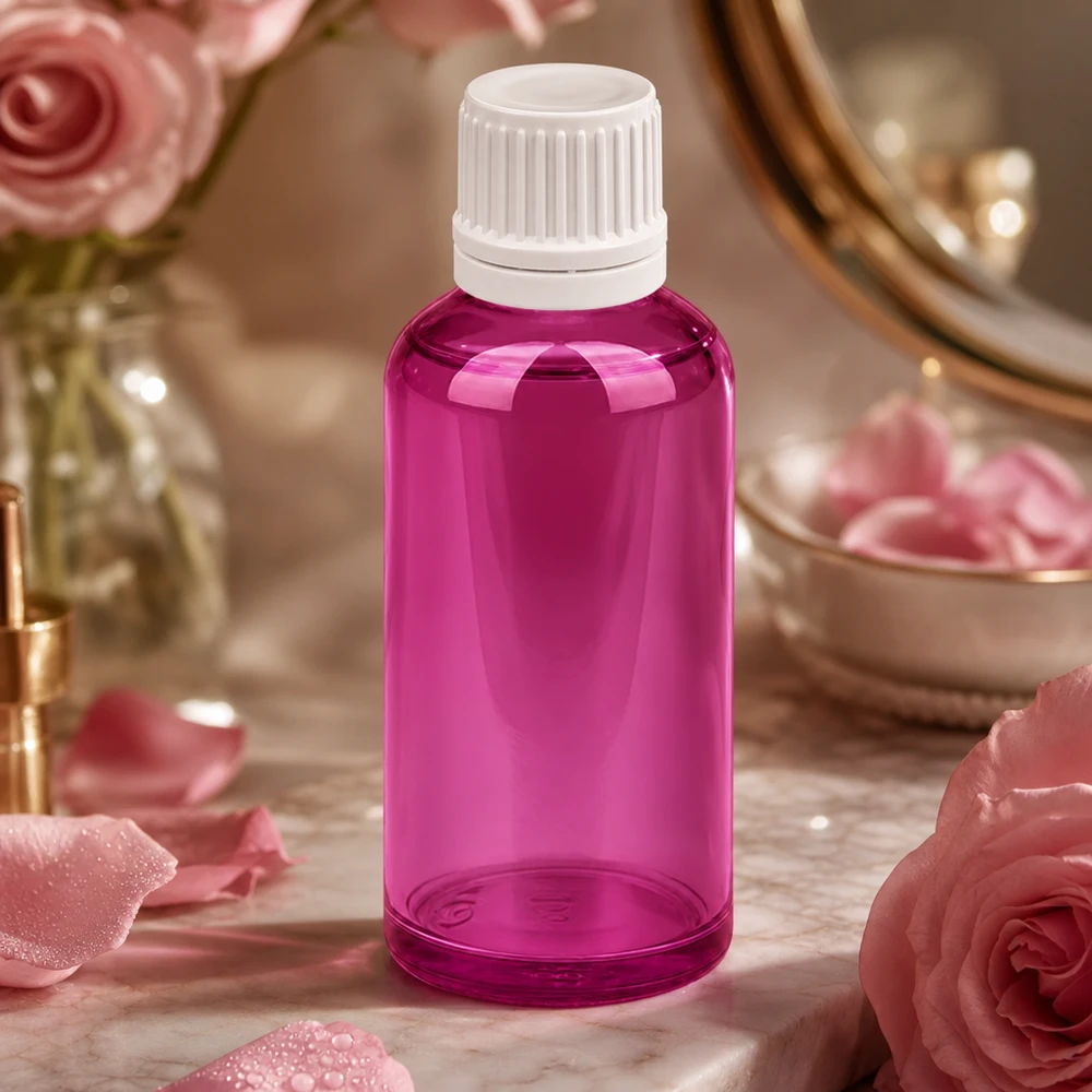 50 ml dråbeflaske 0,7 mm hvid Originality skruelåg PurpleLine UT18/50 50 ml PurpleLine dråbeflaske med hvid OV-hætte til kosmetiske anvendelser