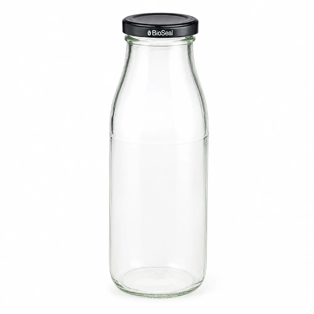 500 ml glasflaske + BioSeal-låg sort UNiTWIST. Absolut lækagesikker med stort TO48-låg. Til mælk, juice og limonade. 500 ml glasflaske med sort BioSeal-låg, tom og gennemsigtig, til drikkevarer og opbevaring