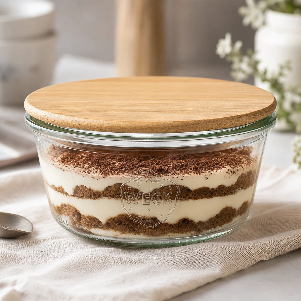 290 ml Briller lav WECK RR100 med trælåg WECK glas 290ml RR100 fyldt med tiramisu og bambus trælåg, dessertglas i en elegant køkkenindretning