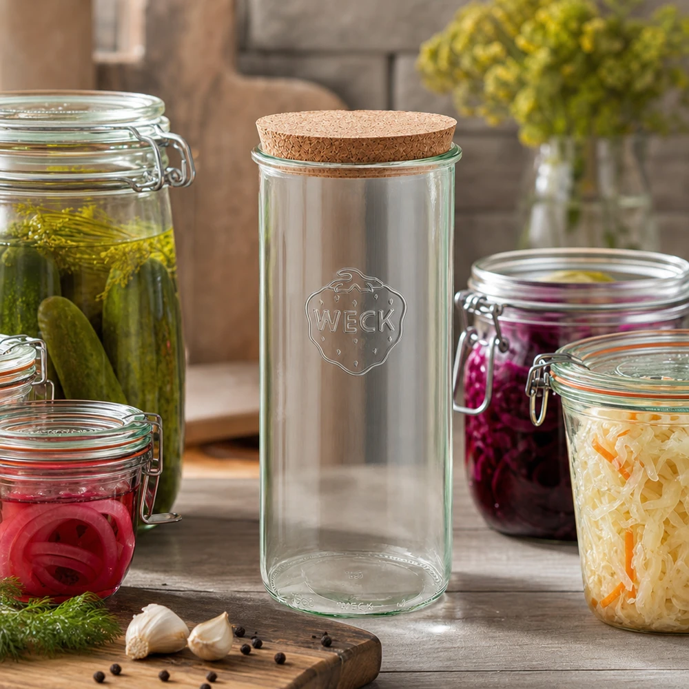 1500 ml Briller WECK RR100 med kork natur WECK Murerbalje 1500ml RR100 Køkkenscene med syltede agurker sauerkraut rødløg Korklåg Konservering