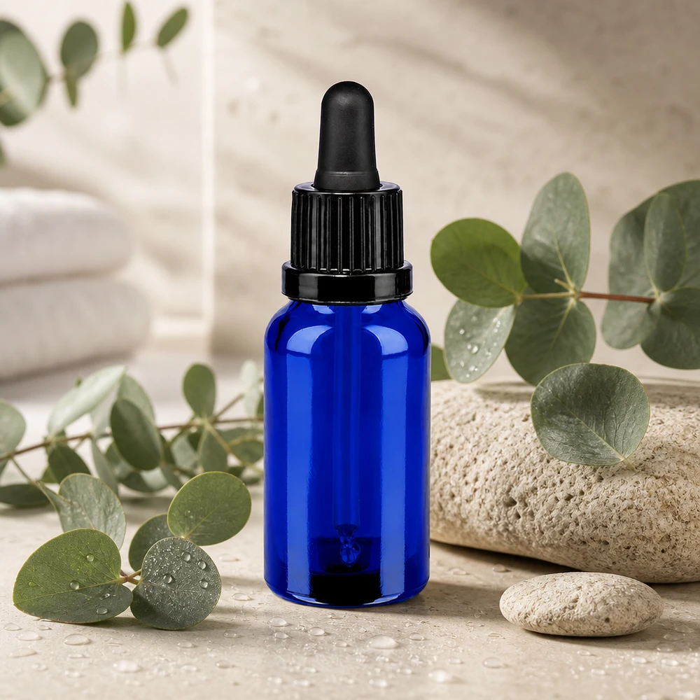 Sort pipette OV med 20 ml blå glasflaske - ideel til aromaterapi og naturkosmetik