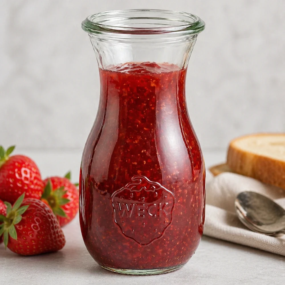 290 ml saftflaske WECK RR60 Fyldt WECK juiceflaske 290 ml RR60 med rød jordbærmarmelade og synligt firmalogo på hvid overflade