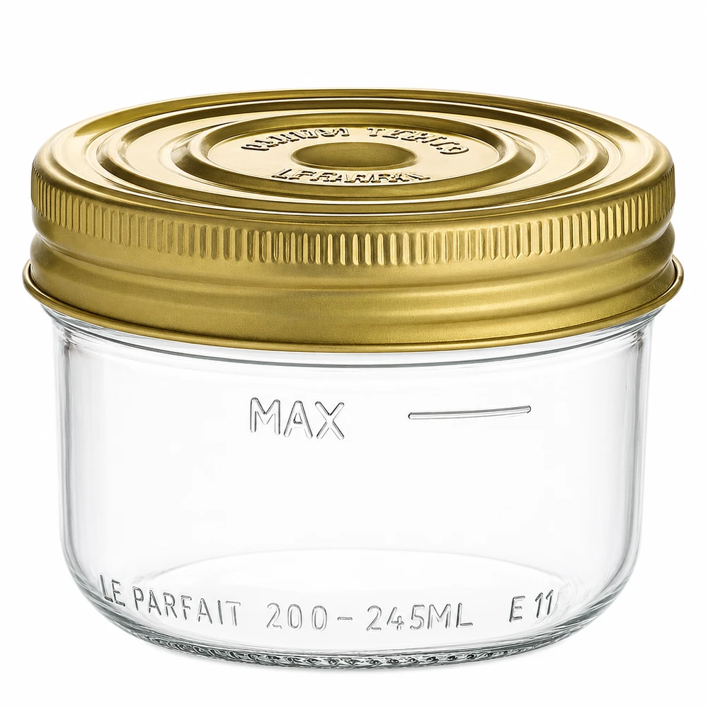 Le Parfait® Familia Wiss 200 g Ø82 mm glas 245 ml Familia Wiss murerbalje med guldskruelåg og mærke for maks. påfyldningsniveau til konservering og konserves.