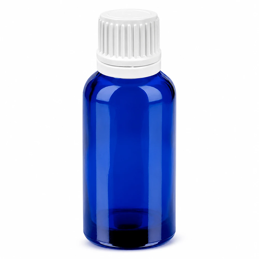 30 ml Dropperflaske 0,7 mm hvid OV BlueLine UT18/30 30 ml blå glasflaske med hvid dråbehætte til præcis dosering