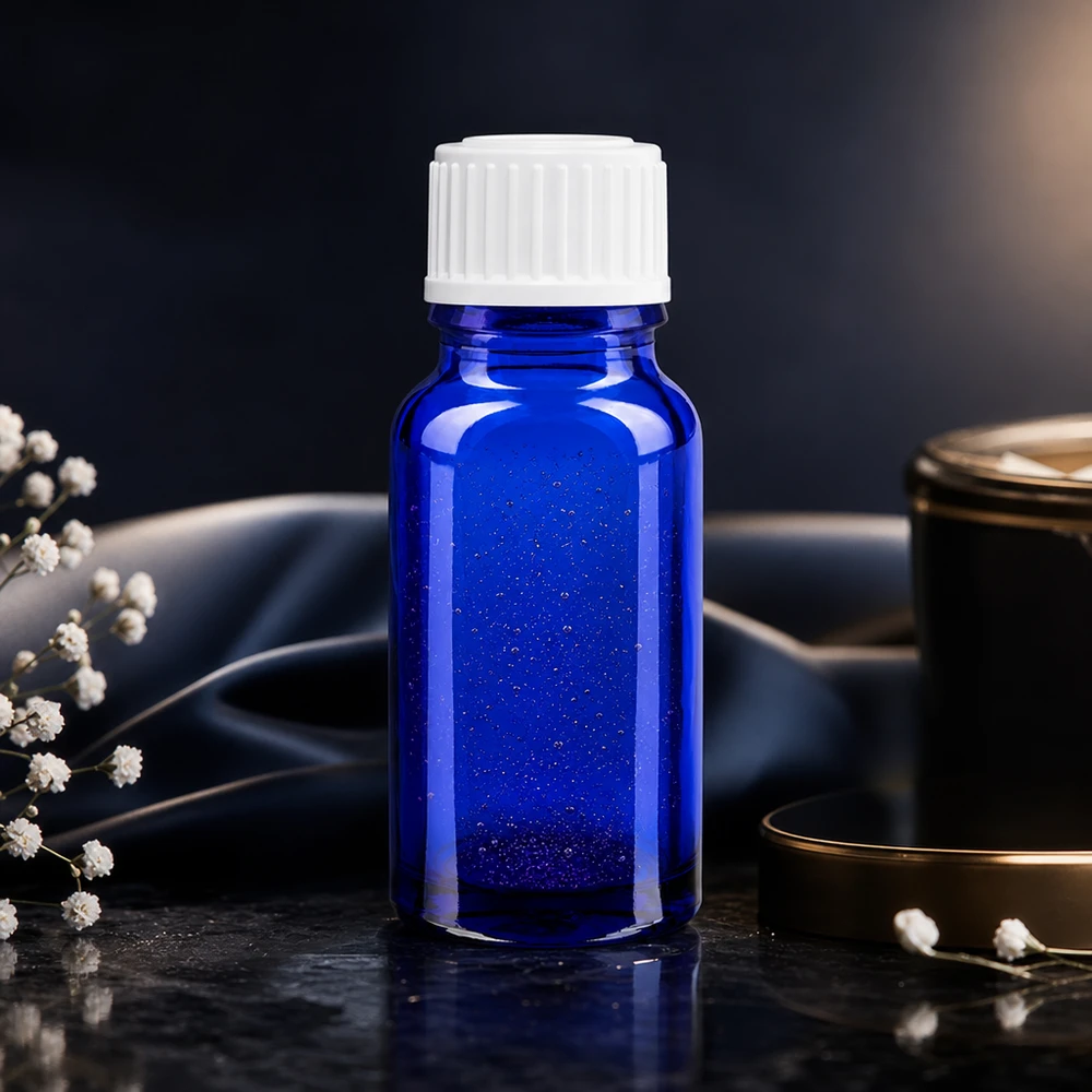 Blå 10 ml Glo-flaske med 3 mm åbning og hvid ApoGlas-standardprop