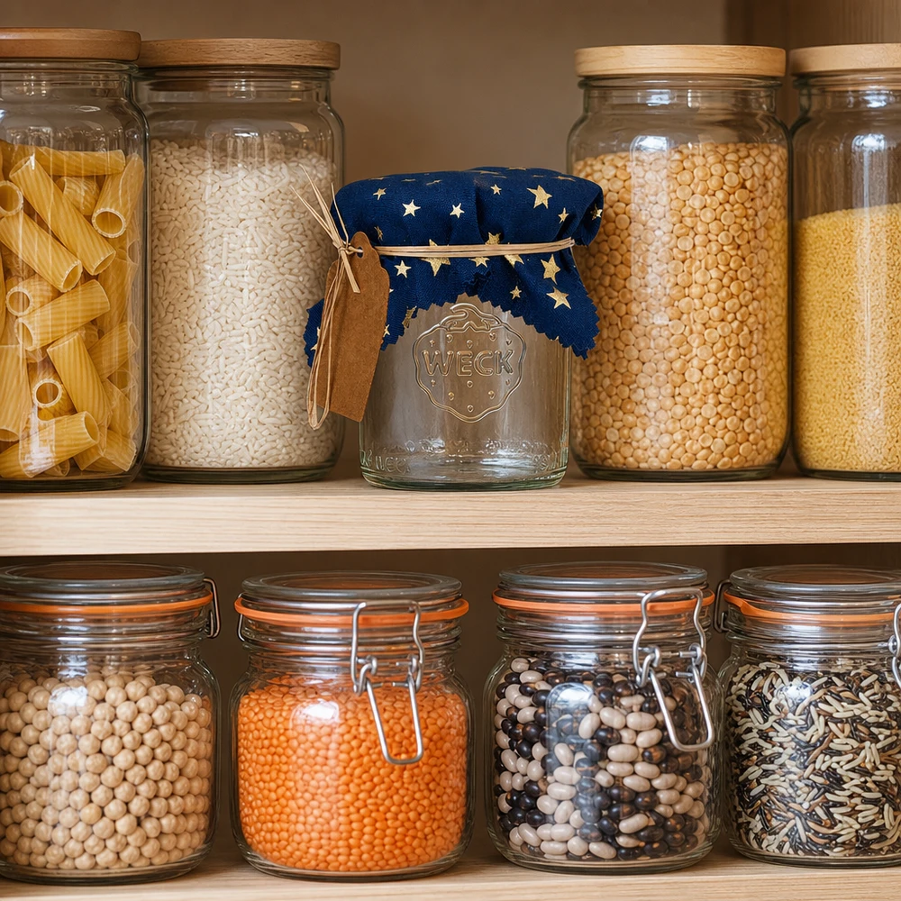 Stofdækkeserviet stjerner blå 120x120mm firkantet Pantry organiser med blå stjernedug på opbevaringskrukke mellem forskellige bælgfrugter og kornprodukter