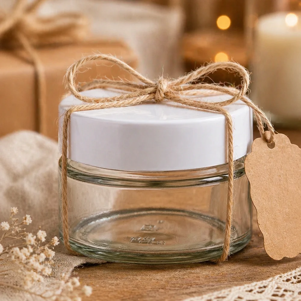 130 ml rund krukke med BasicSeal-låg hvid UNiTWIST 130 ml BasicSeal hvid rund glaskrukke som gaveindpakning med jutesnor og tag - DIY-gaveglaskrukke