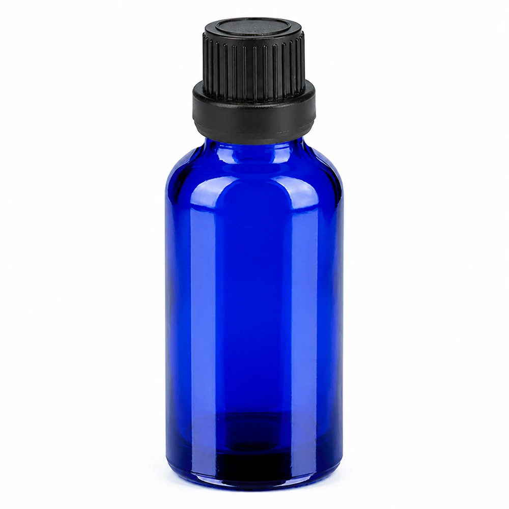 30 ml blå glasflaske med sort hætte til æteriske olier og kosmetik