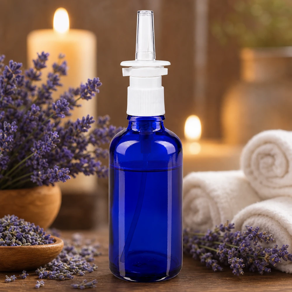 Blå 50 ml glasflaske med næsesprayhoved foran lavendelblomster og stearinlys, der skaber en afslappende atmosfære