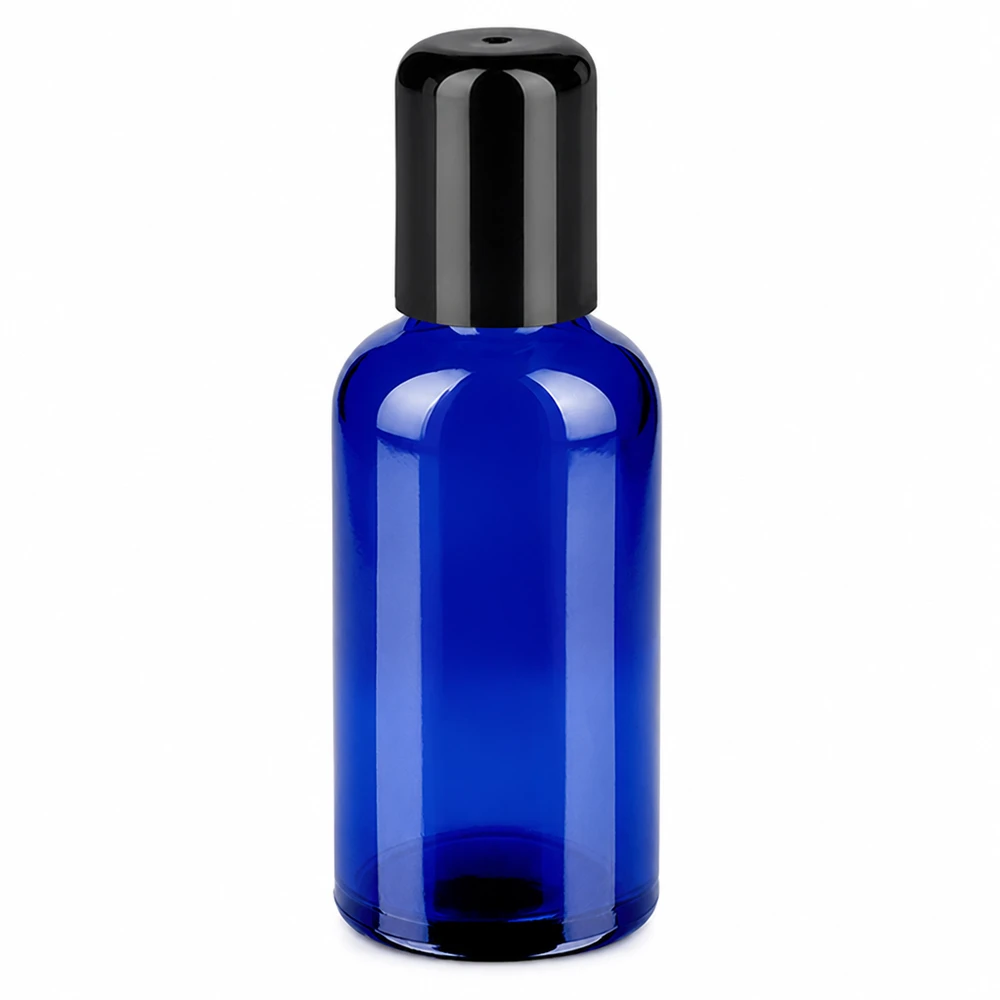 50 ml roll-on flaske sort STD BlueLine UT18/50 blåt glas med sort hætte