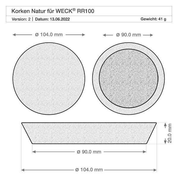 Kork til åbning 94mm WECK RR100 (ø90/104, H=20mm) Teknisk tegning WECK RR100 korkprop med dimensioner 104mm 90mm diameter 20mm højde vægt 41g naturkork