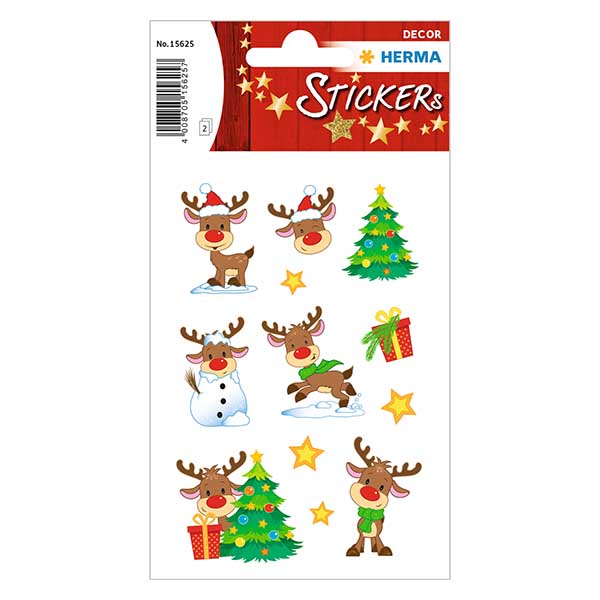 Klistermærker "Rudolph" (24 klistermærker med glitter) | 2 ark = 24 papirklistermærker. Klistermærker "Rudolph" (24 klistermærker med glitter) | 2 ark = 24 papirklistermærker.