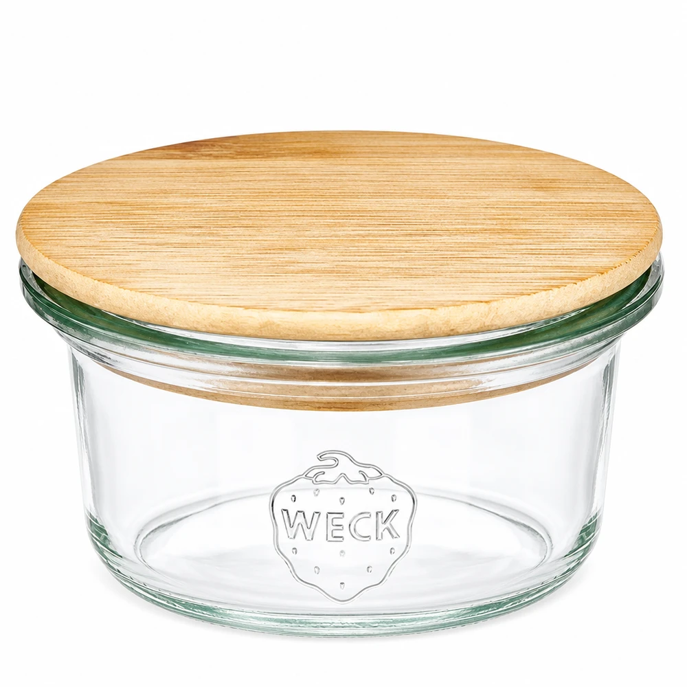 50 ml mini Briller WECK RR60 med trælåg 50 ml minitumblere WECK RR60 med rundt trælåg lavet af bambus, gennemsigtig krukke med WECK-logo