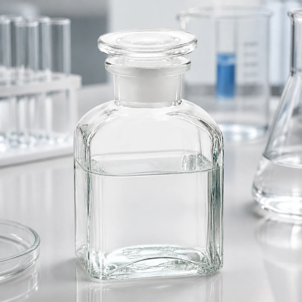 Firkantet flaske 150 ml klar glasprop med bred hals Laboratorieflaske på 150 ml af klart glas med bred hals og rund glasprop