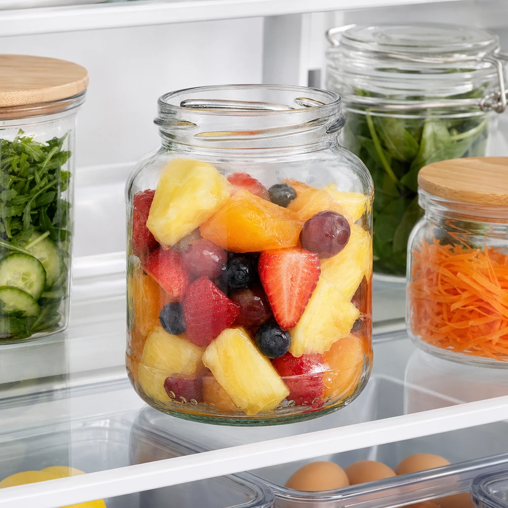 UNiTWIST Oval370 - Ovalt glas med en kapacitet på 370 ml TO66 UNiTWIST Oval370 syltetøjsglas 370 ml med frugtsalat i køleskabet sammen med andre opbevaringsglas med grøntsager