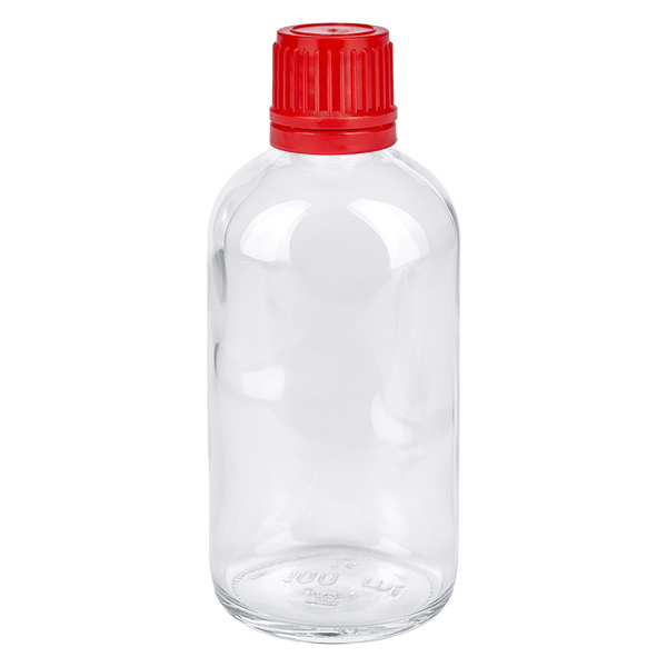 100 ml flaske 11 mm SV rød OV ClearLine UT18/100 Gennemsigtig glasflaske på 100 ml med rød skruelåg og ClearLine-forsegling