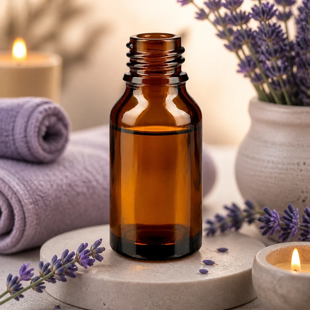 Dropperflaske 30 ml DIN 18 ravfarvet glas HIGH SHAPE 30 ml brun apotekerflaske ApoGlas med lavendel spa wellness aromaterapi håndklæder stearinlys ambience