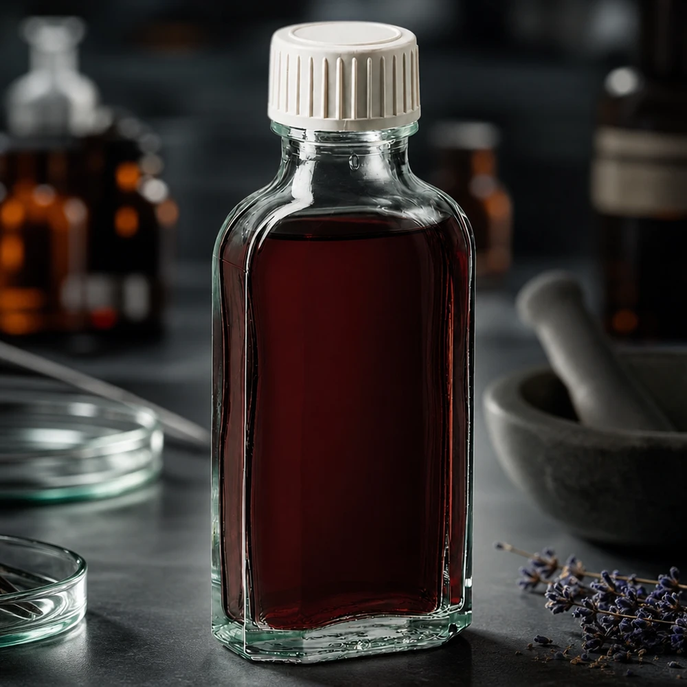 Flad 50 ml glasflaske, Meplat, klar, med børnesikret hvid skruelåg