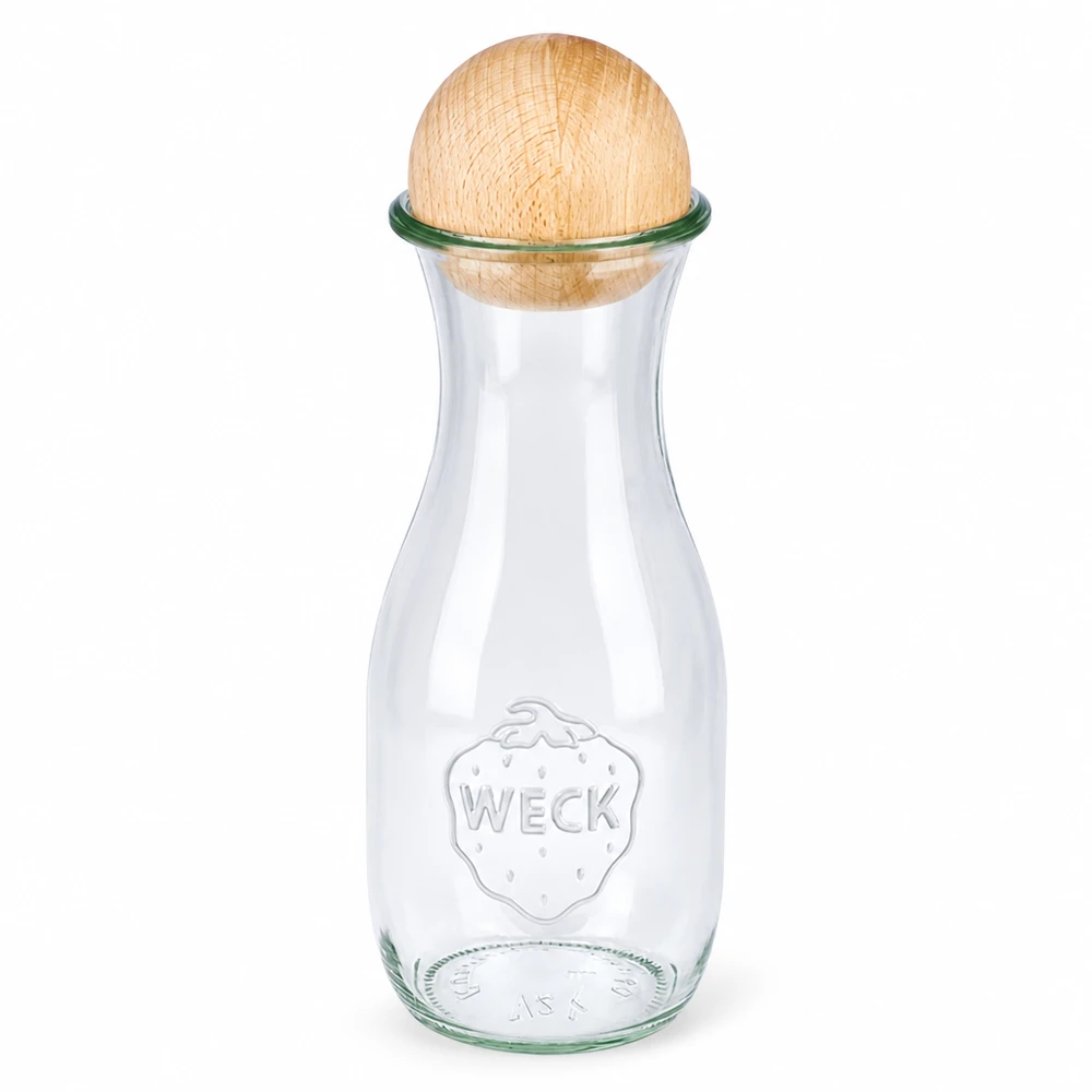 530 ml juiceflaske WECK RR60 med trækugle bøg 530 ml WECK juiceflaske RR60 af glas med trækugle og bøgelukning gennemsigtig glasflaske med WECK-logo
