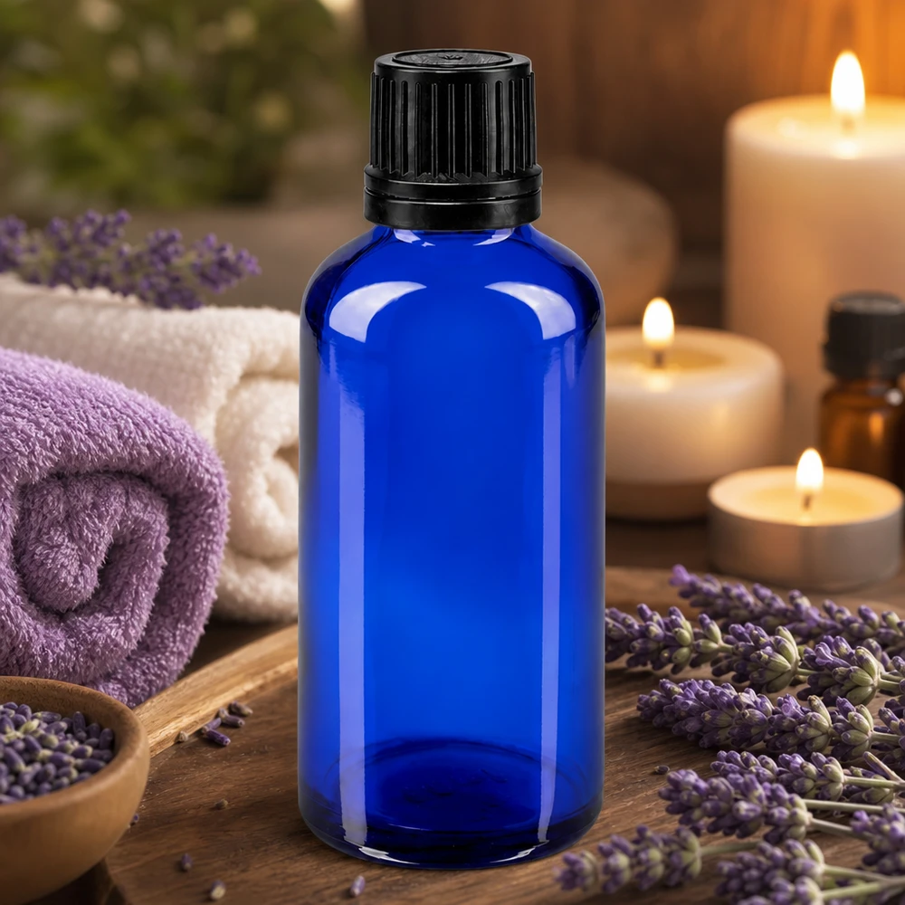 Apoteksflaske blå 50ml skruelåg sort hældeprop r. OV Blå 50 ml glasflaske med sort dråbepropp mellem lavendelblomster og stearinlys