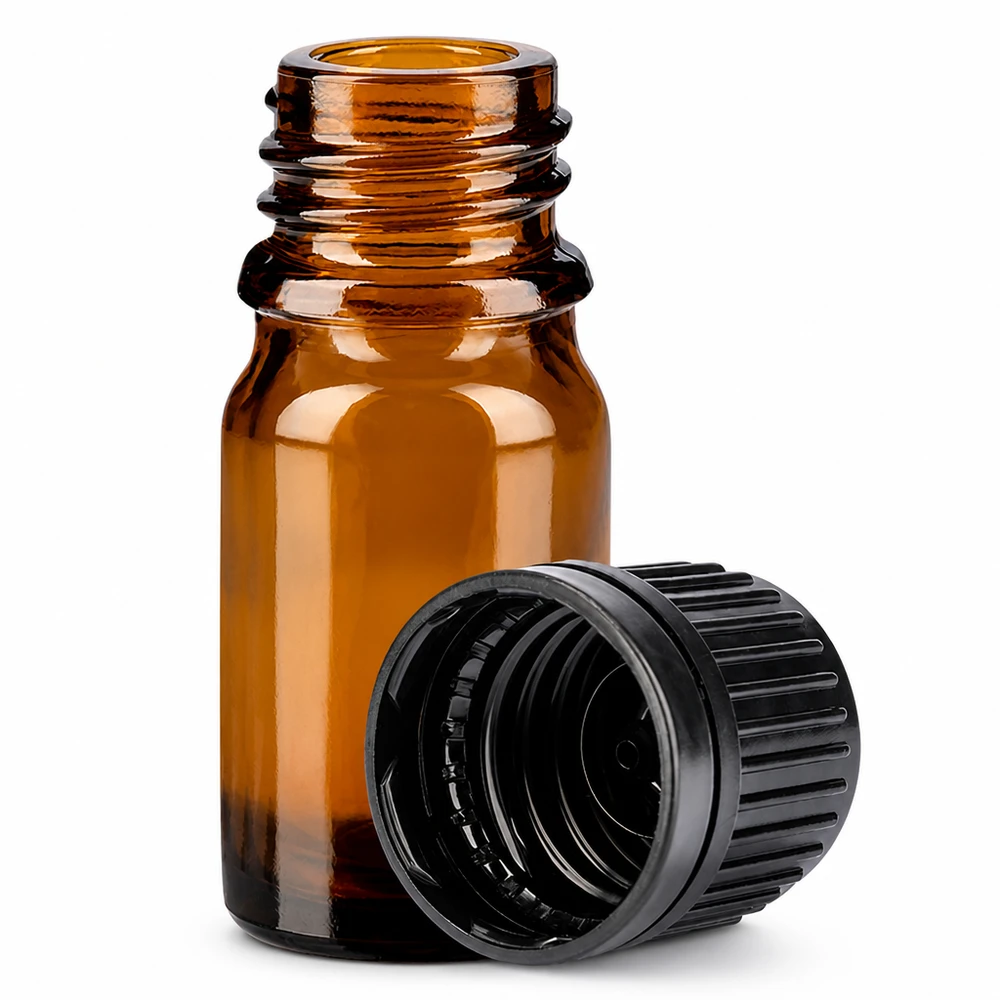 5 ml glasflaske med 11 mm gevind og sort hætte til præcis dosering